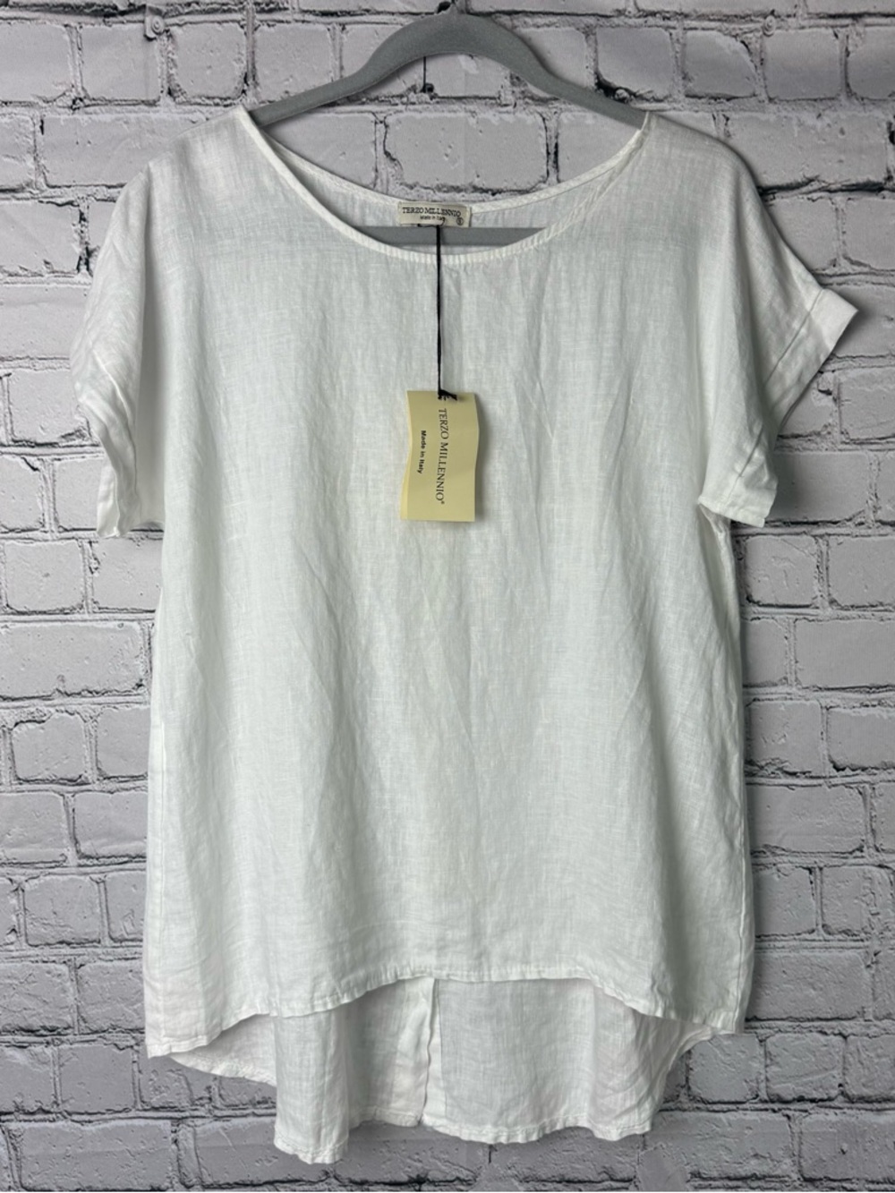 Terzo Millennio White 100% Linen Short-Sleeve High-Low Blouse Boho Chic Sz Small